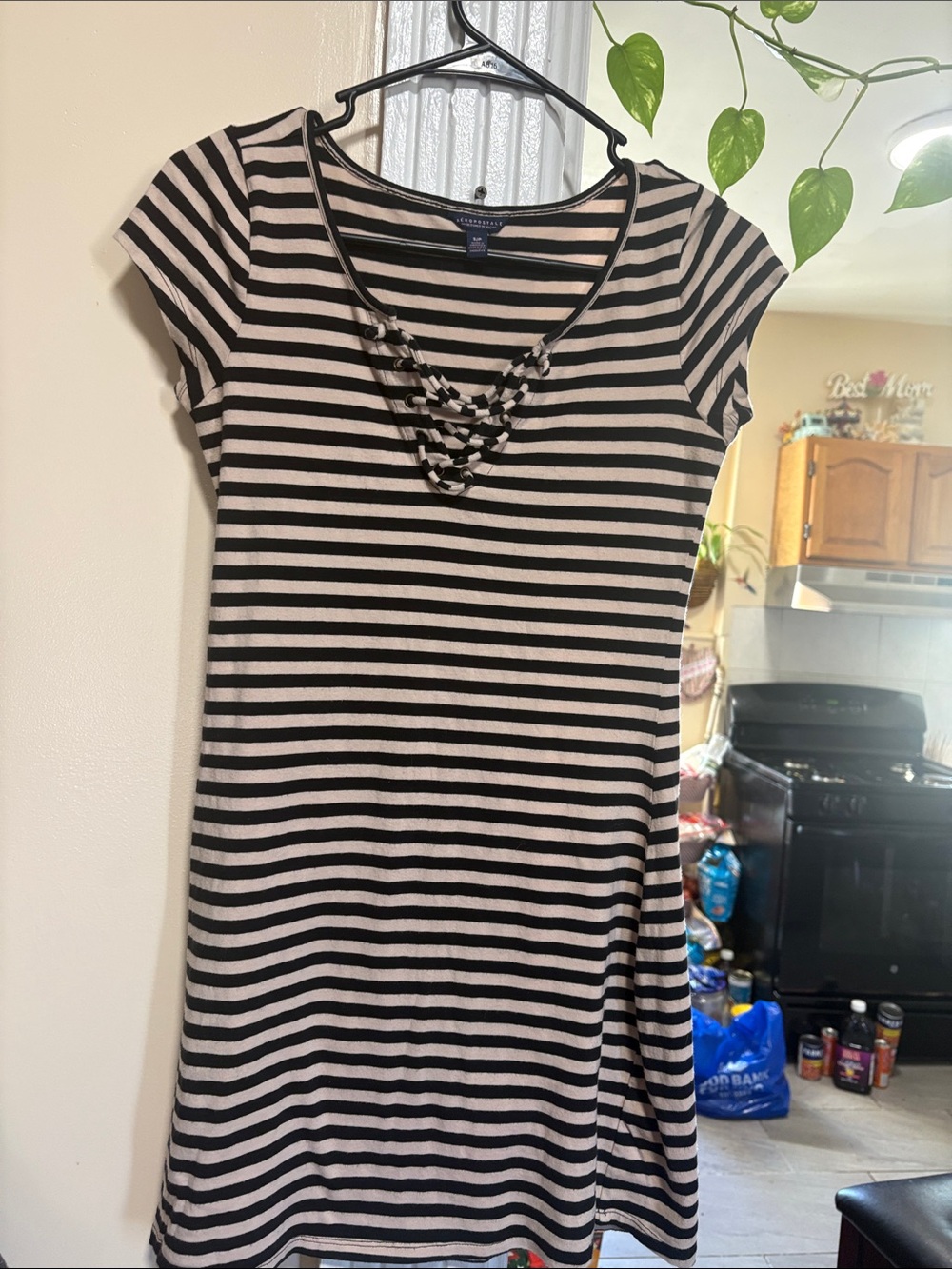 Aeropostale Black and Cream Striped Braided Scoop Mini Dress